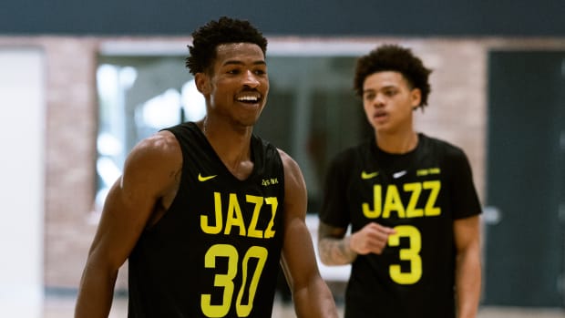 Ochai Agbaji and Keyonte George of the Utah Jazz.